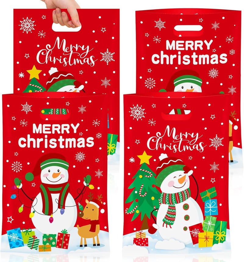 PERFQU 50 Pcs Christmas Gift Bags with Handles - Merry Christmas Goodie Bags, Cute Snowman Plastic Treat Candy Goody Cookie Snack Favor Tote Bag for Winter Xmas Holiday Christma Party Favors Supplies - Image 1